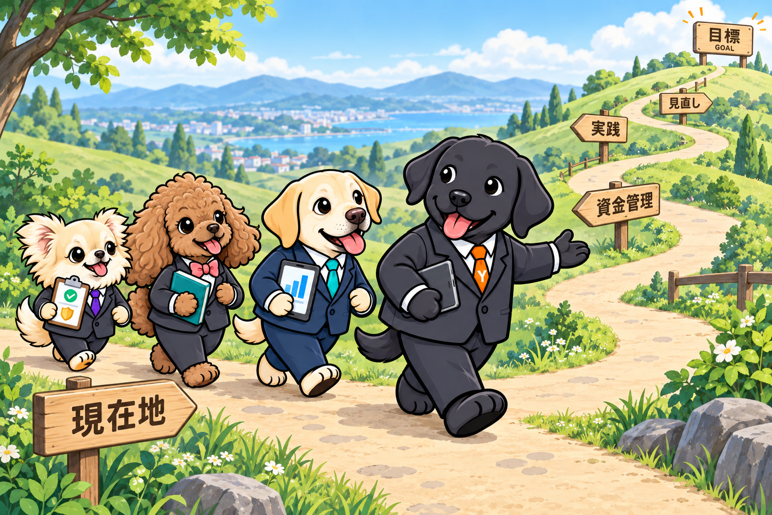 ヤナナ先生を先頭に、ララくん、CoCoちゃん、アルファードくんが曲がりくねった道を目標へ向かって歩く。道中には資金管理、実践、見直しの道標。